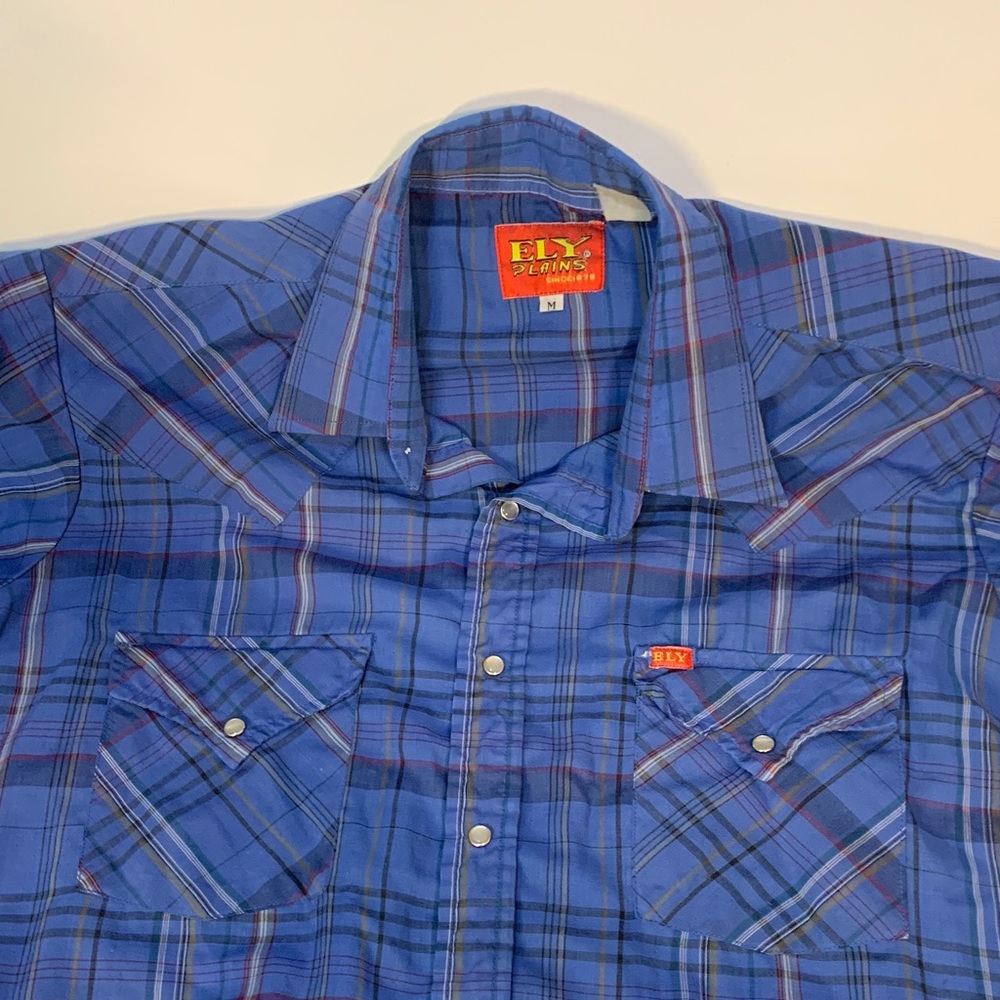 Ely Plains Blue Plaid Casual Men's Cowboy Shirt, Short Sleeve. Men’s Medium.